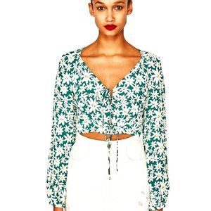 ZARA Daisy Print Long Sleeve Crop Top Teal Yellow Medium